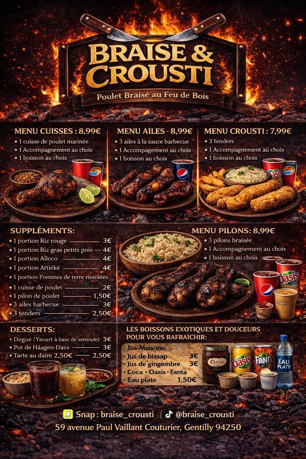 Affiche complète du menu Braise & Crousti